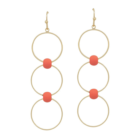 Gold Triple Drop Circle with Orange Beaded Accents 2" Earring