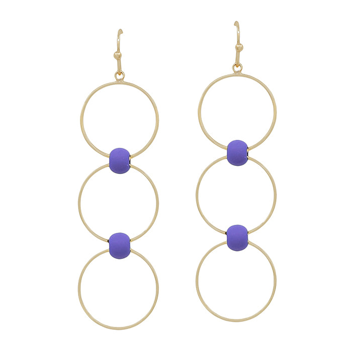 Gold Triple Drop Circle with Purple Beaded Accents 2" Earring