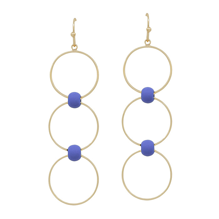 Gold Triple Drop Circle with Royal Blue Beaded Accents 2" Earring