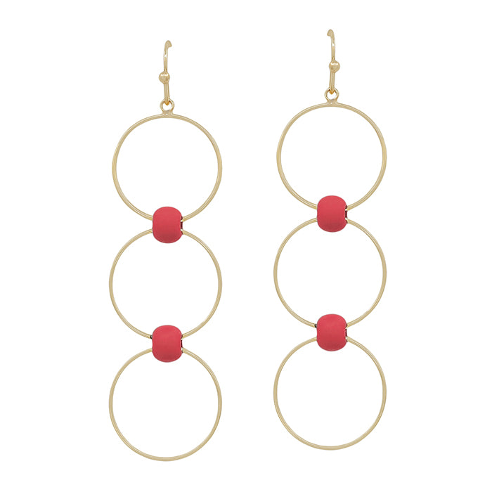 Gold Triple Drop Circle with Red Beaded Accents 2" Earring