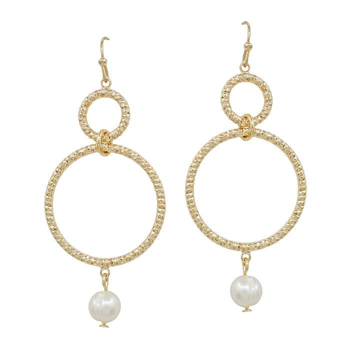 Gold Double Hoop with Freshwater Pearl 2" Drop Earring