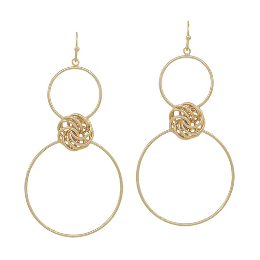 Gold Double Circle with Knot Accent 2" Earring