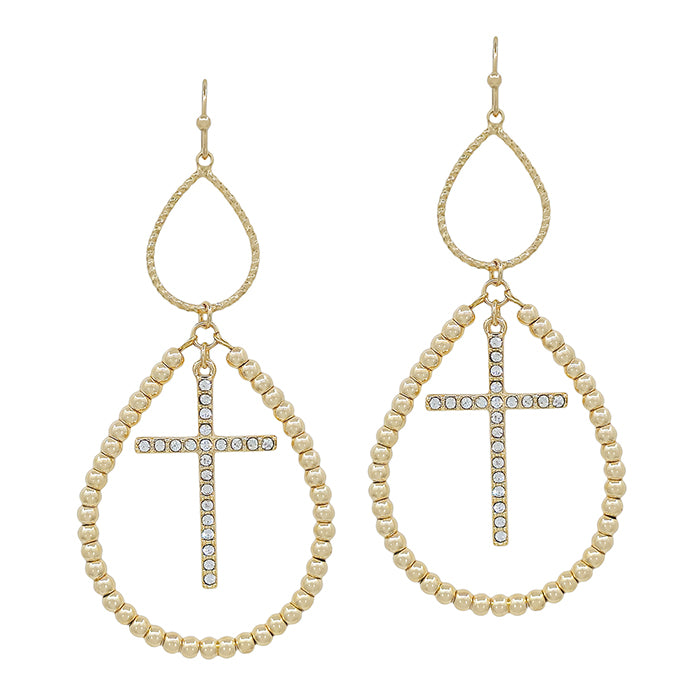 Gold Double Teardrop with Rhinestone Cross 2" Earring