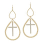 Gold Double Teardrop with Rhinestone Cross 2" Earring