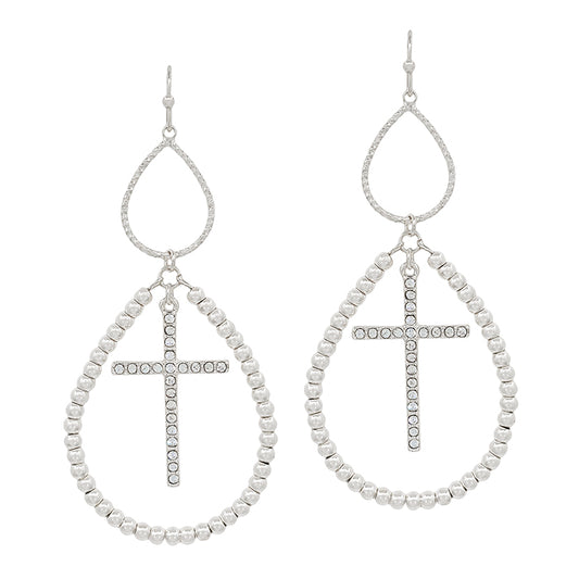 Silver Double Teardrop with Rhinestone Cross 2" Earring