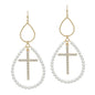 Gold Double Teardrop with Pearls and Rhinestone Cross 2" Earring