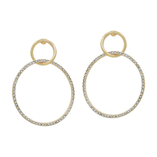 Gold Stud Hoop with Rhinestone Open Waved Circle 1.75" Earring