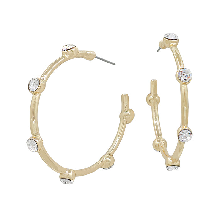 Gold Hoop with Rhinestone Stud Accents 1.5" Earring