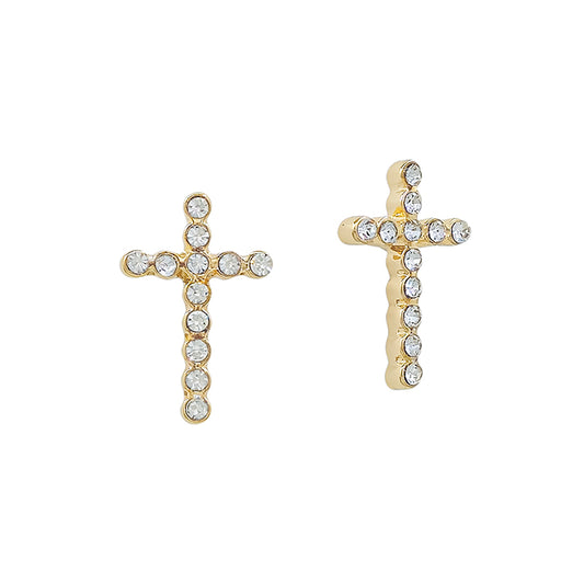 Gold Rhinestone Cross .5" Stud Earring