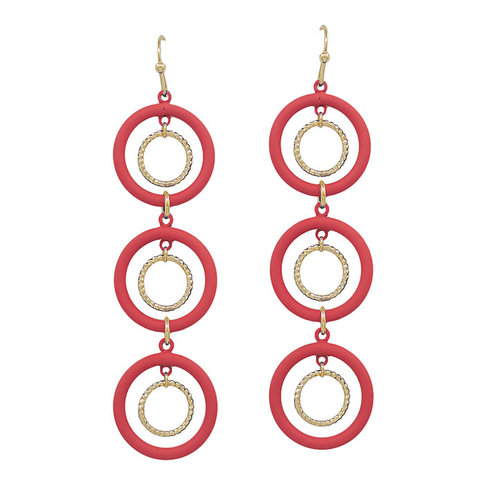 Red Color Coated and Gold Layered Circle 2" Earring