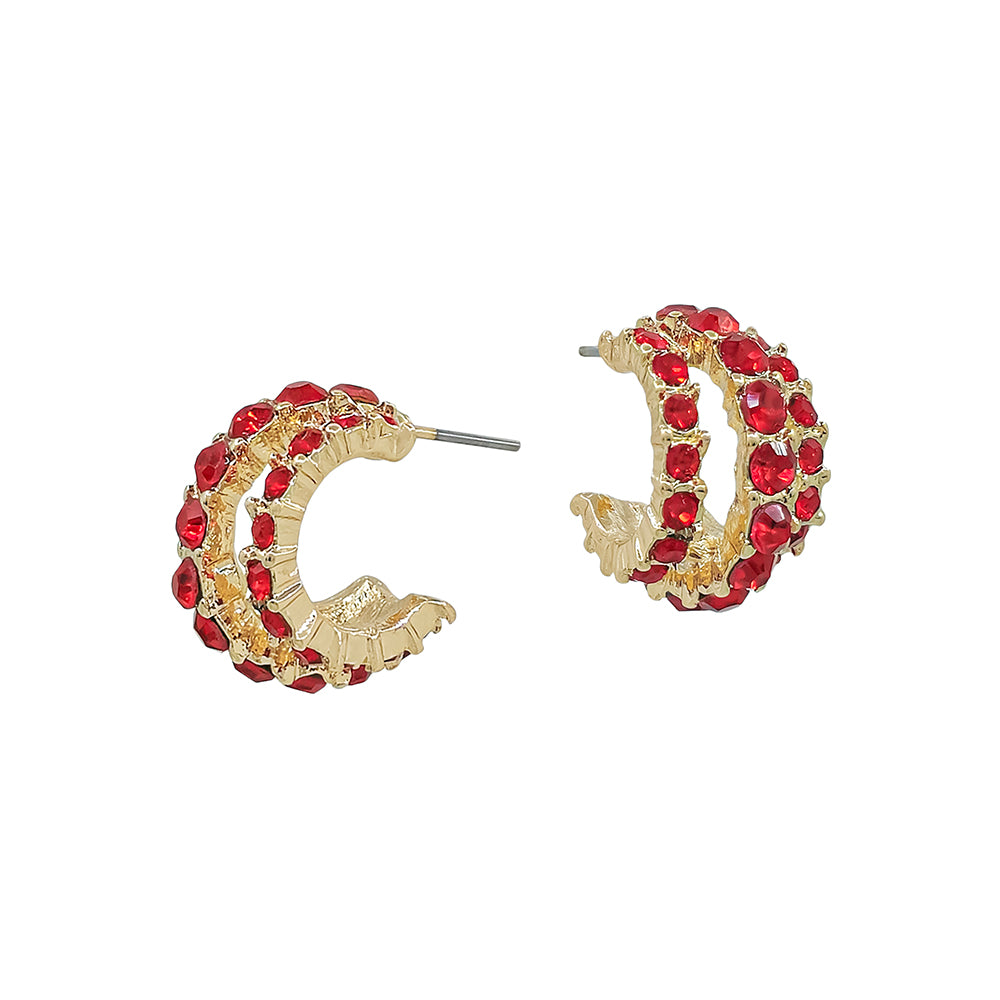 Three Row Red Rhinestone .75" Hoop Earring