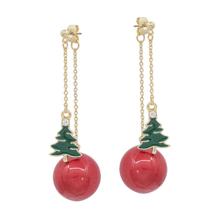 Red Ball and Green Tree Stud 2" Drop Earring