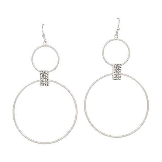 Thin Double Silver Circle with Pave Ring Accent 2" Earring