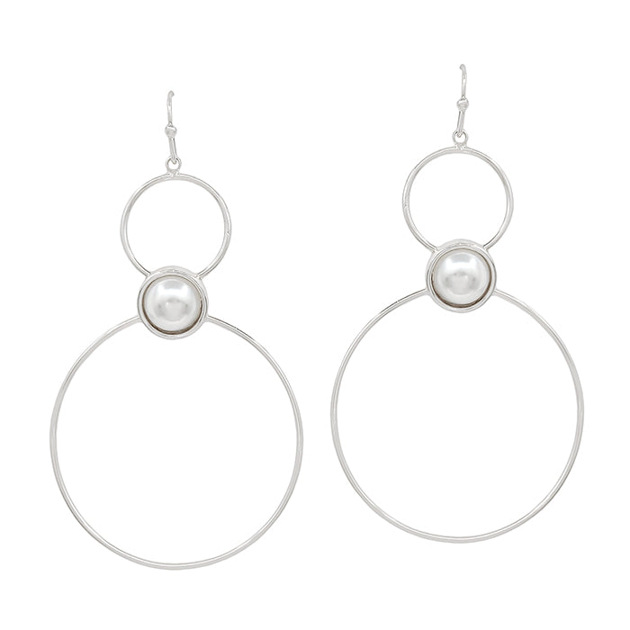 Thin Silver Double Circle with Pearl Accent 2" Earring