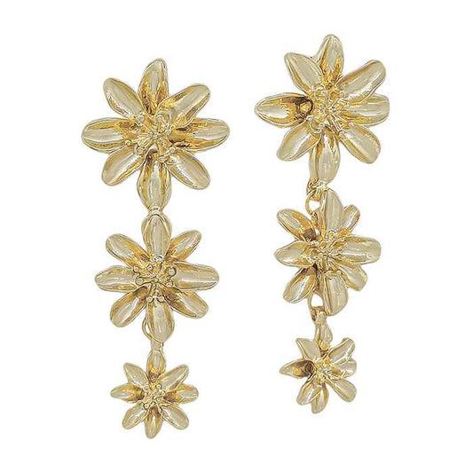 Gold Metal 3 Flower Drop 2" Earrings