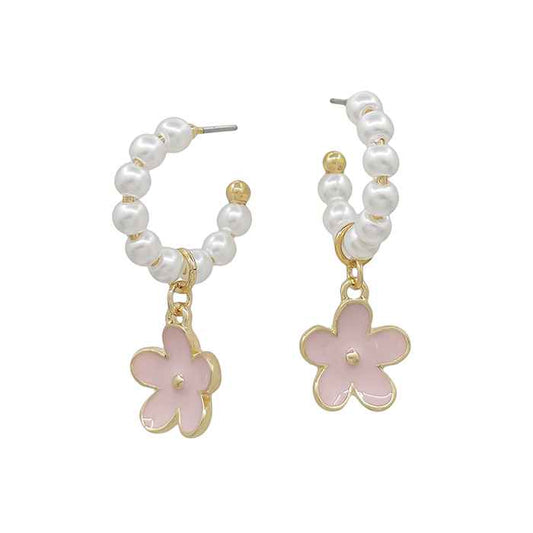 Pearl .75" Hoop Earring with Light Pink Enamel Flower Drop