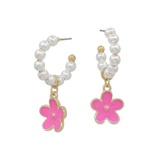 Pearl .75" Hoop Earring with Hot Pink Enamel Flower Drop