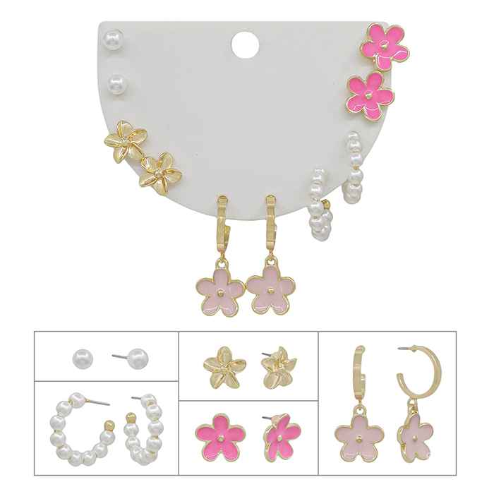 Set of 5 Flower Stud, Pearl Hoops, and Flower Huggie Earrings