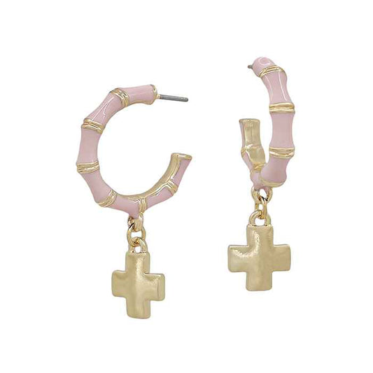 Blush Pink 1" Hoop with Gold Cross Charm Earrings