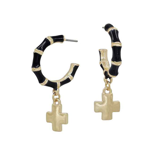 Black 1" Hoop with Gold Cross Charm Earrings