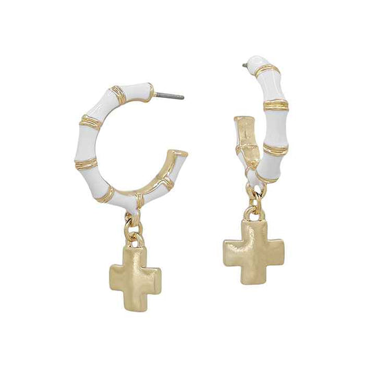 White 1" Hoop with Gold Cross Charm Earrings