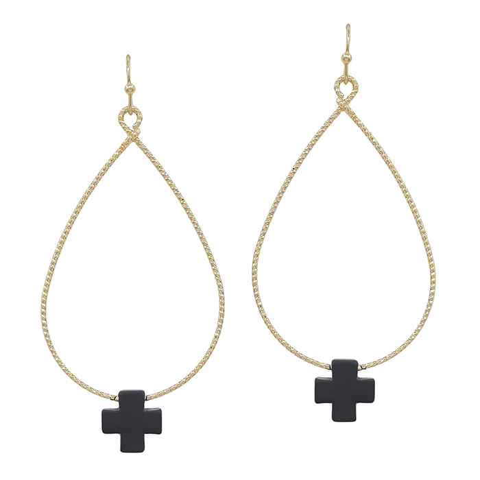 Gold Metal Teardrop with Black Color Coated Cross Accent 1.75" Earring