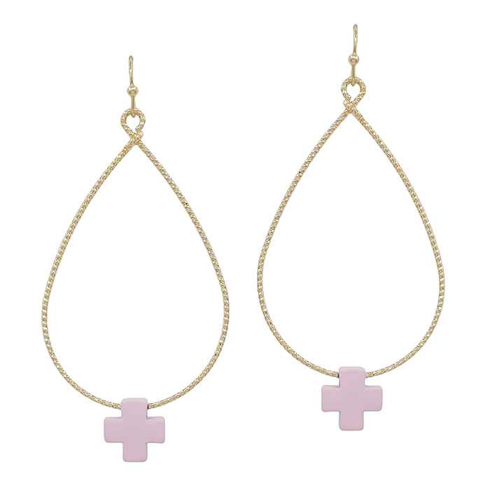 Gold Metal Teardrop with Pink Color Coated Cross Accent 1.75" Earring