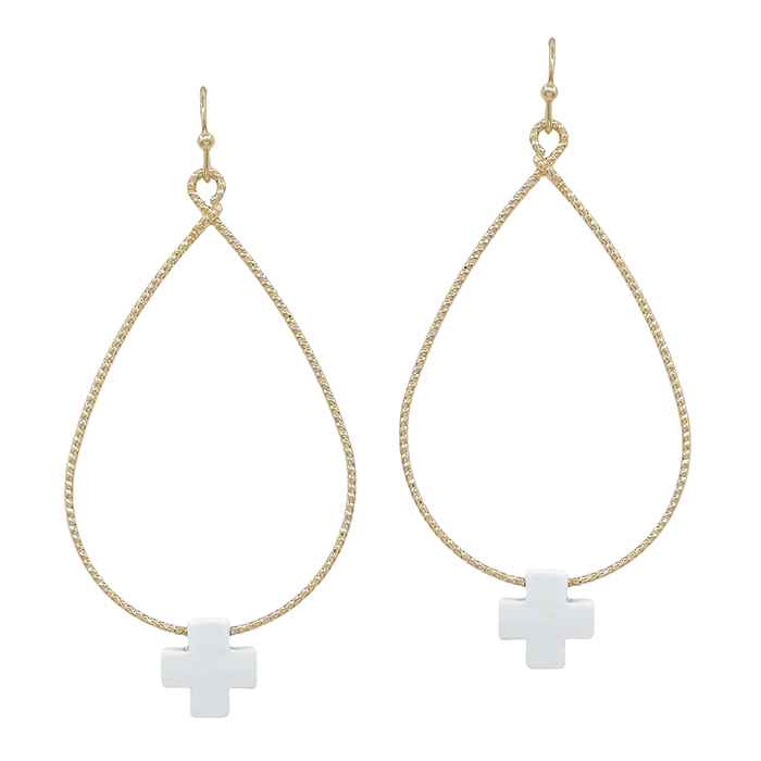 Gold Metal Teardrop with White Color Coated Cross Accent 1.75" Earring