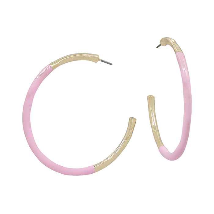 Gold Thin Hoop with Light Pink Color Coated Accent 2" Earring