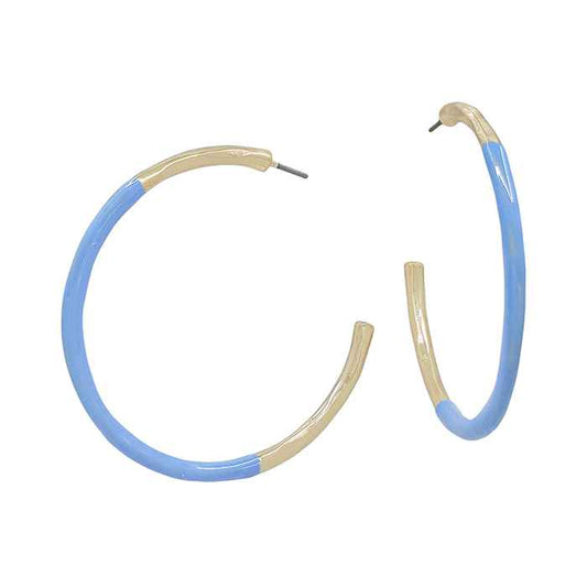 Gold Thin Hoop with Light Blue Color Coated Accent 2" Earring