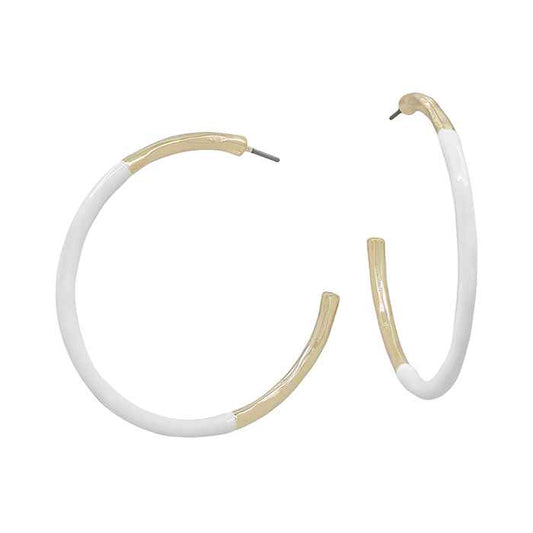 Gold Thin Hoop with White Color Coated Accent 2" Earring