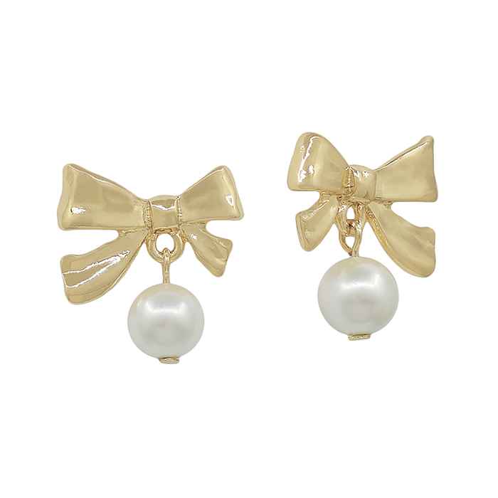 Gold Hammered Bow with Pearl 1" Drop Earring