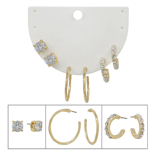 Set of 3 Clear Crystal Stud and Hoop Earrings