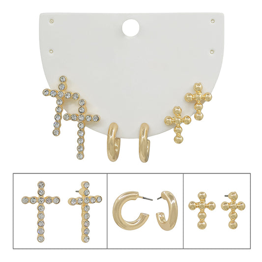 Set of Three Rhinestone Cross, Beaded Cross, and Huggie Hoops
