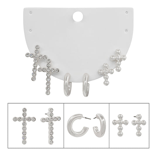 Set of Three Silver Rhinestone Cross, Beaded Cross, and Huggie Hoops