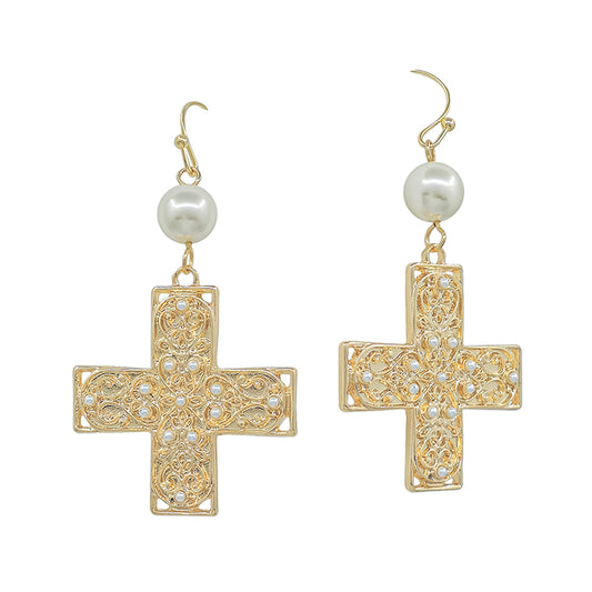 Gold Hammered Cross with Pearl 1.5" Earring