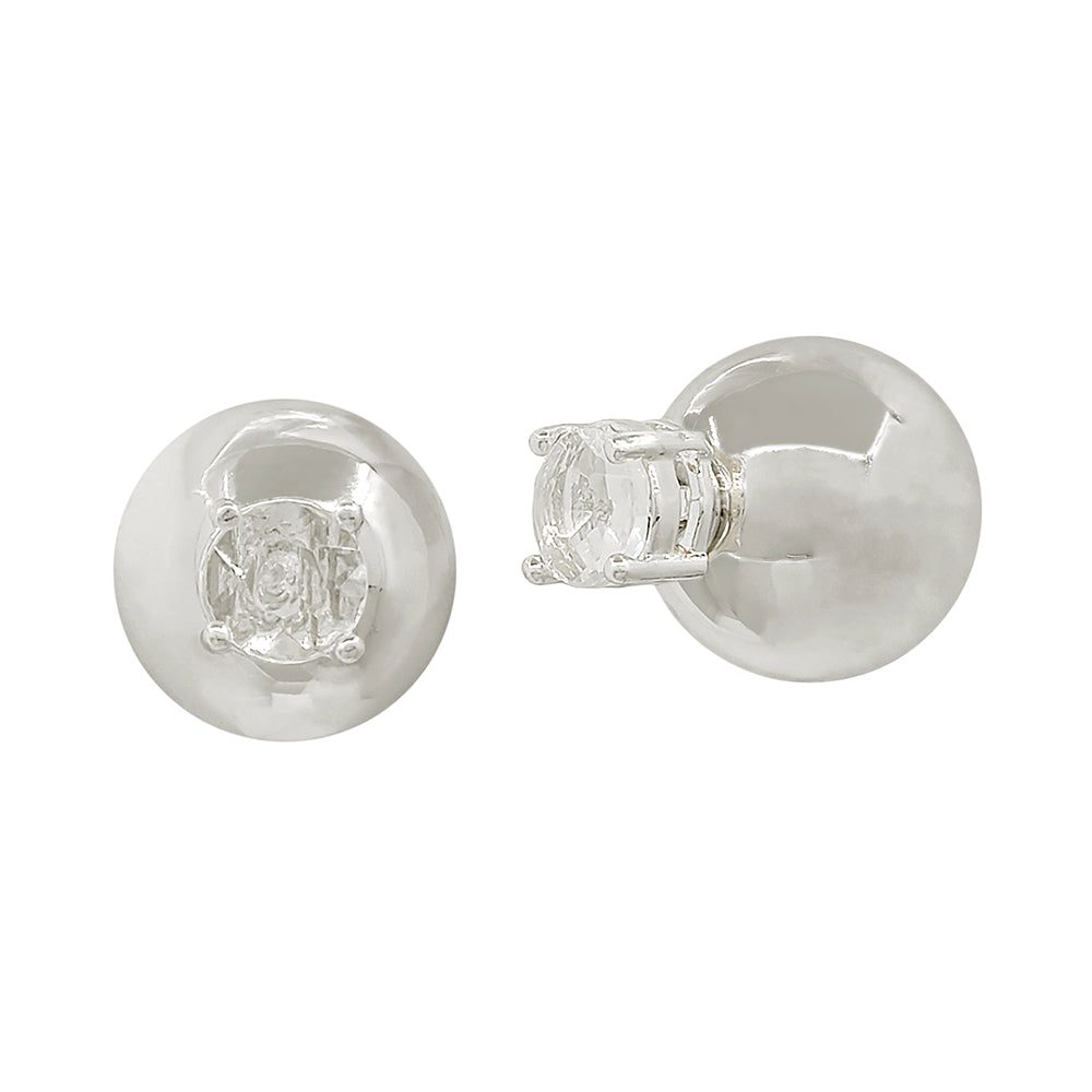 Silver with Crystal and Silver Ball Front/Back Stud Earrings