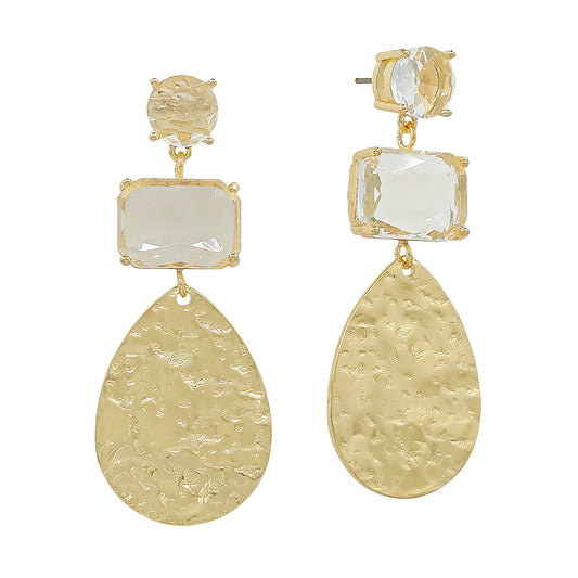 Hammered Teardrop with Clear Rectangle Stone 2" Drop Earring