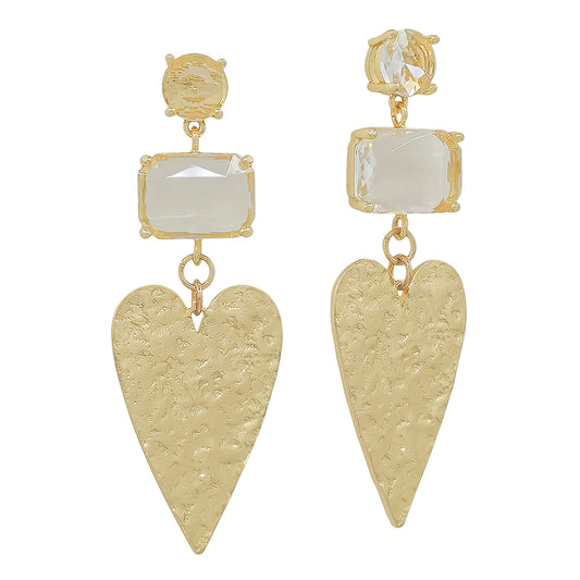 Hammered Heart with Clear Rectangle Stone 2" Drop Earring