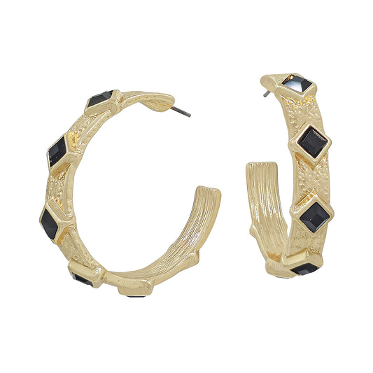 Gold Textured Hoop with Black Diamond Crystals 2" Earring