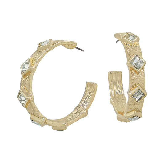 Gold Textured Hoop with Clear Diamond Crystals 2" Earring