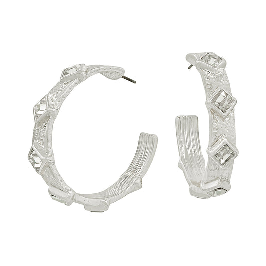 Silver Textured Hoop with Clear Diamond Crystals 2" Earring