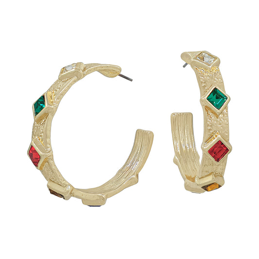 Gold Textured Hoop with Multi  Color Diamond Crystals 2" Earring