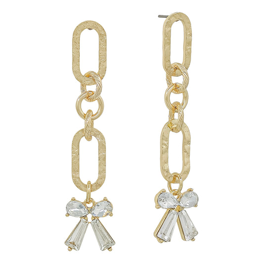 Gold Hammered Open Oval with Rhinestone Bow 2" Drop Earring