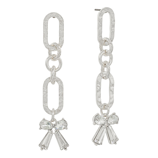 Silver Hammered Open Oval with Rhinestone Bow 2" Drop Earring