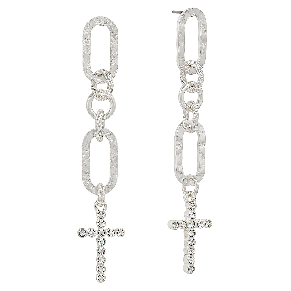 Silver Hammered Open Oval with Rhinestone Cross 2" Drop Earring