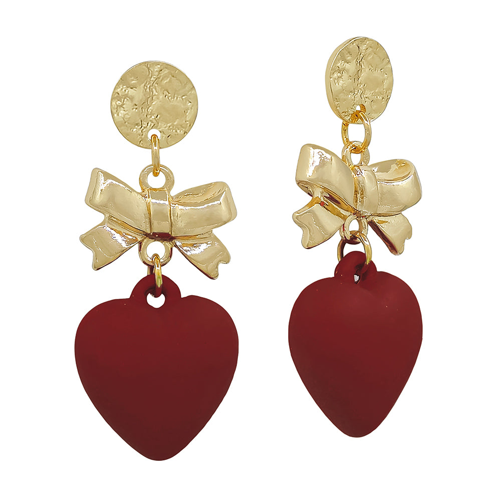 Hammered Circle Stud with Gold Bow and Maroon Heart 2" Drop Earring, Gameday