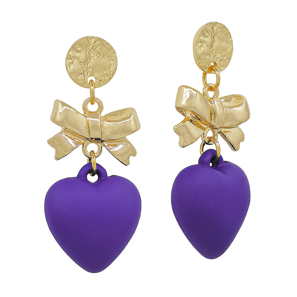 Hammered Circle Stud with Gold Bow and Purple Heart 2" Drop Earring, Gameday