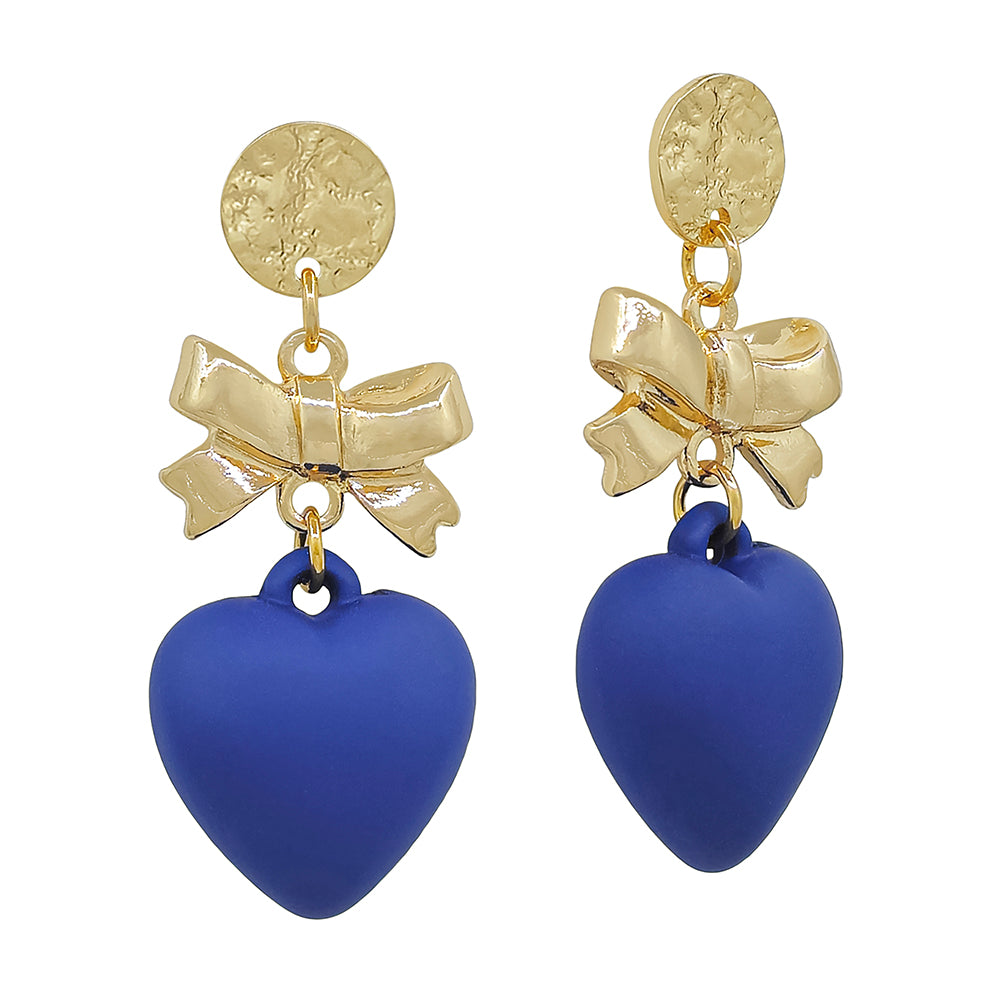 Hammered Circle Stud with Gold Bow and Navy Heart 2" Drop Earring, Gameday