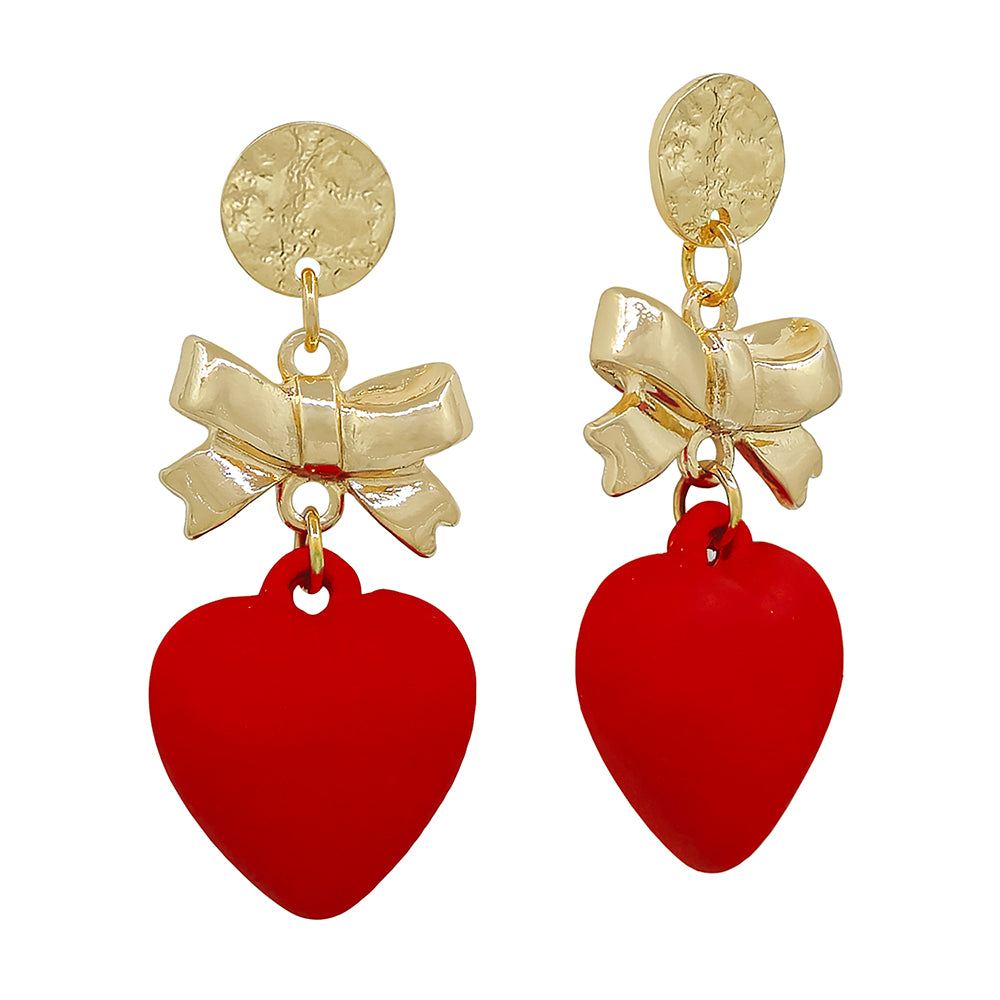 Hammered Circle Stud with Gold Bow and Red Heart 2" Drop Earring, Gameday